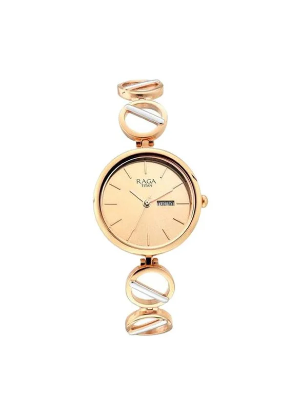 تيتان ساعة تايتن راجا فيفا كوارتز بعقارب مع عرض اليوم والتاريخ، مينا روز جولد وحزام معدني بلونين